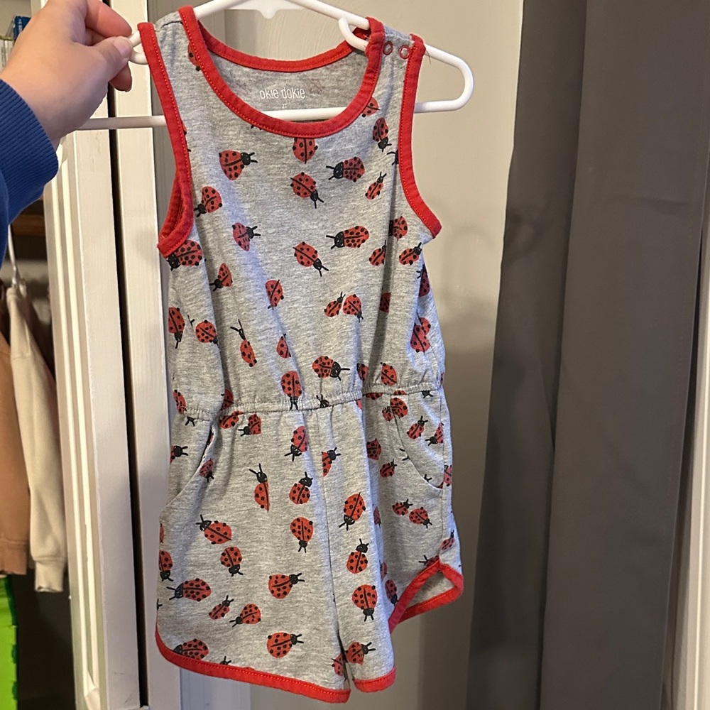 Okie Dokie Gray and Red Ladybug Print Kids Romper